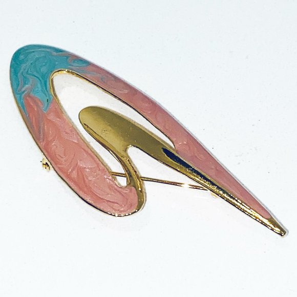 Vintage 1990s Art Deco Brooch Pink Aqua Gold - Picture 3 of 4